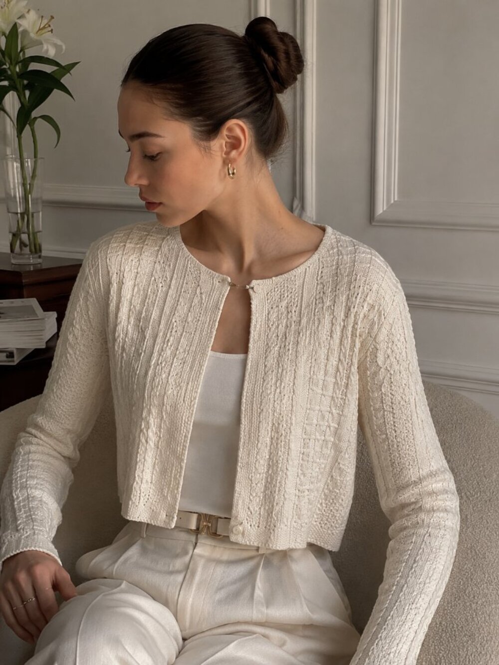 Beautiful BCBGMAXAZRIA silk cropped knit cardigan in a soft ivory / cream shade